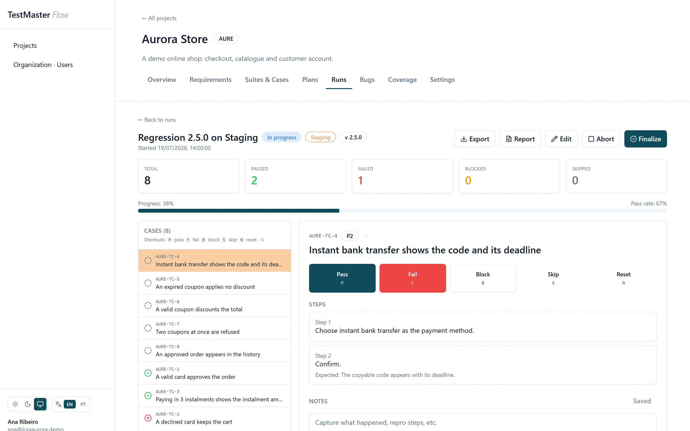 The runner: one case at a time, with a keyboard shortcut for each result.