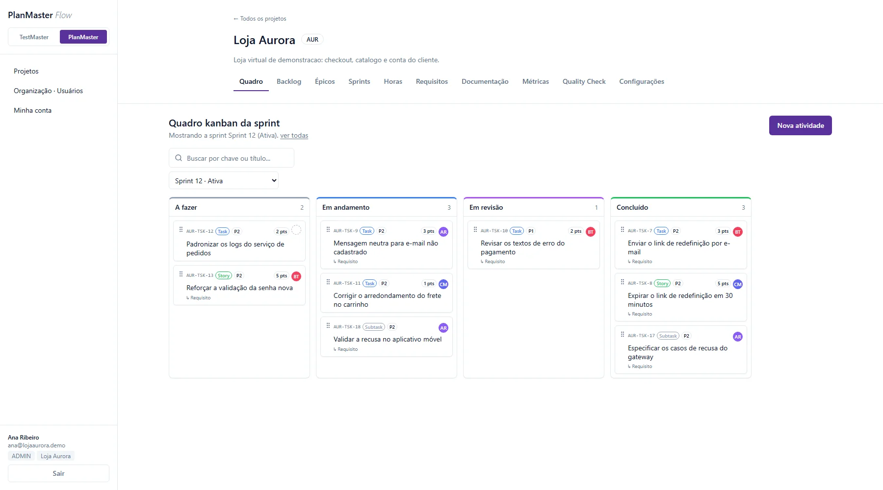 Quadro Kanban da sprint no PlanMaster com atividades e responsáveis