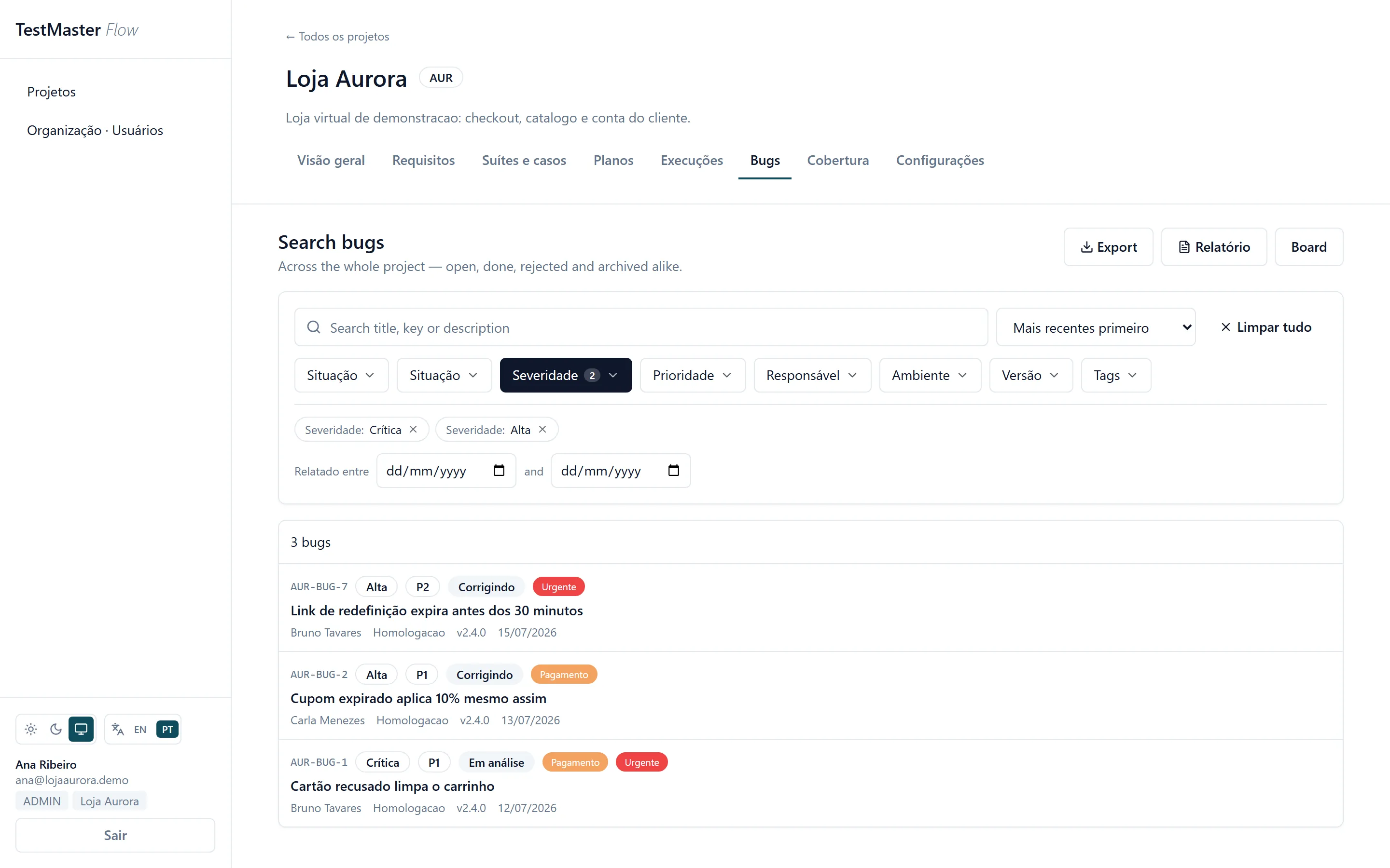 Busca de bugs com dois níveis de severidade marcados ao mesmo tempo, e o filtro na URL.